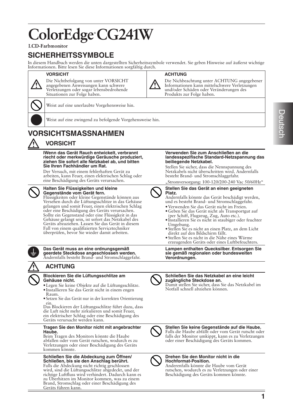 Deutsch, Sicherheitssymbole, Vorsichtsmassnahmen | Vorsicht, Achtung | Eizo ColorEdge CG241W User Manual | Page 11 / 36