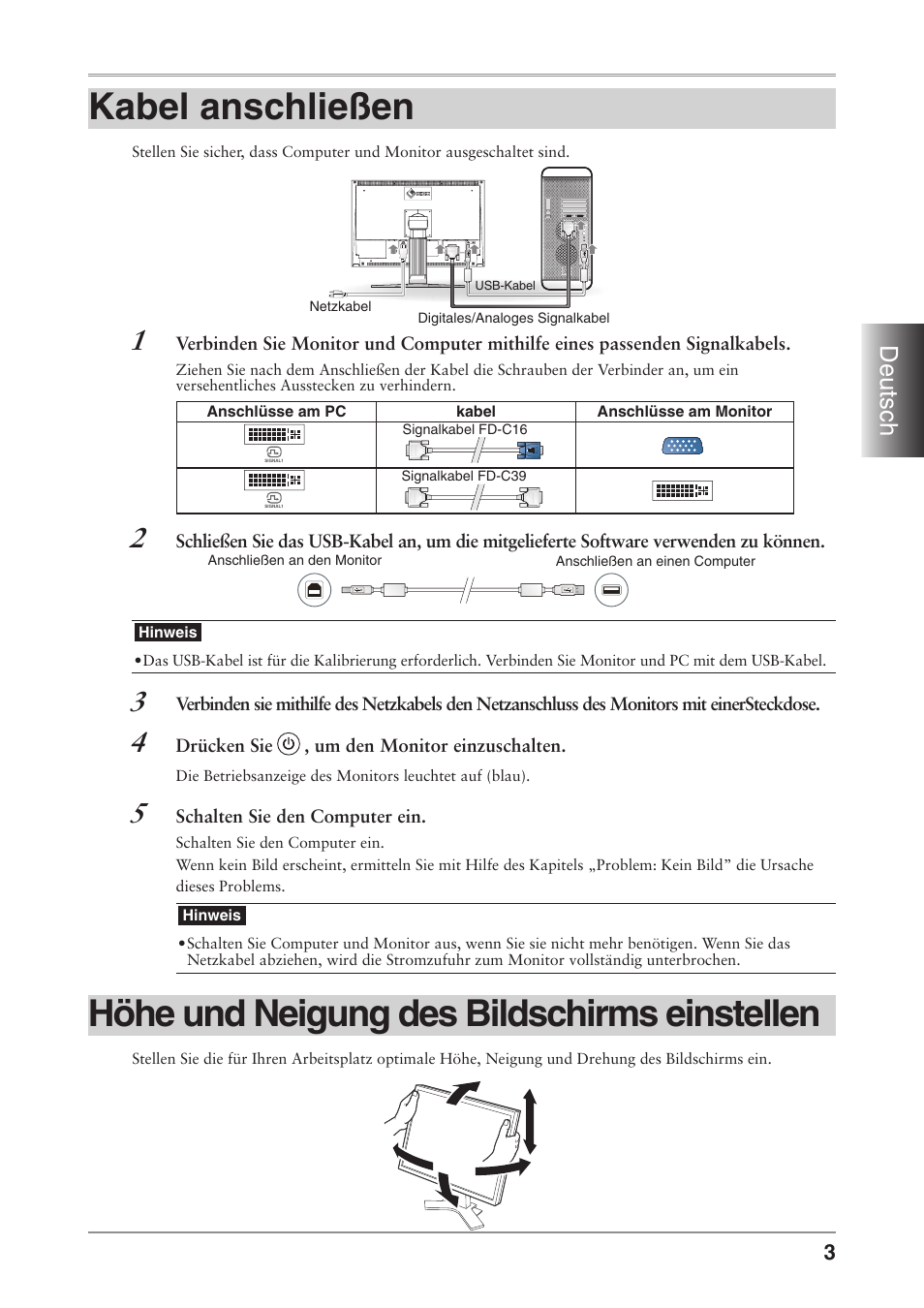 Kabel anschließen, Höhe und neigung des bildschirms einstellen, Deutsch | Eizo ColorEdge CG241W User Manual | Page 13 / 36