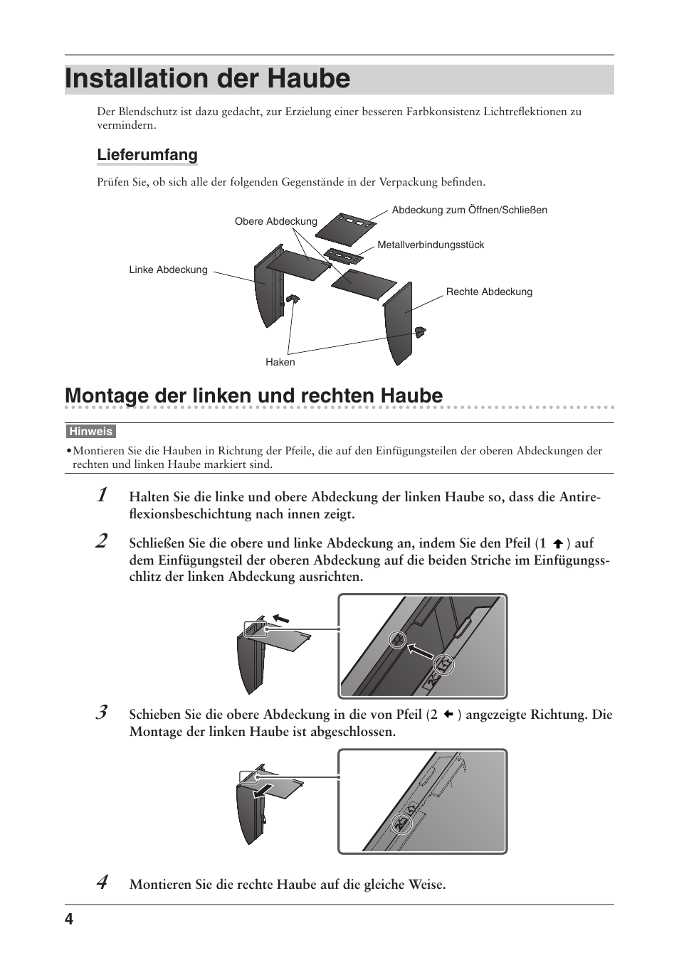 Installation der haube, Montage der linken und rechten haube | Eizo ColorEdge CG241W User Manual | Page 14 / 36