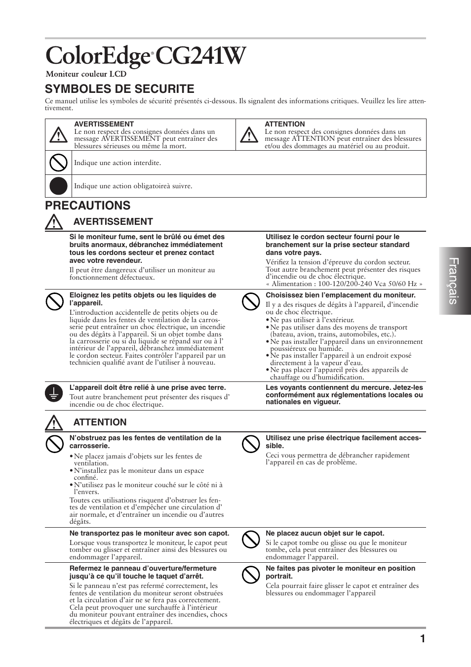 Fr an çais, Symboles de securite, Precautions | Avertissement, Attention | Eizo ColorEdge CG241W User Manual | Page 19 / 36