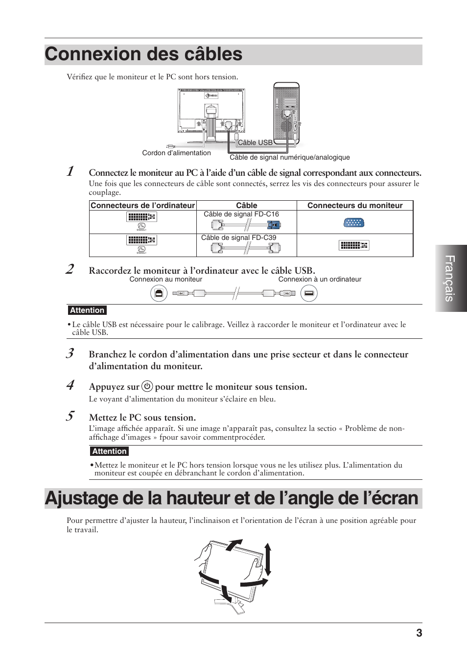 Connexion des câbles, Ajustage de la hauteur et de l’angle de l’écran, Fr an çais | Eizo ColorEdge CG241W User Manual | Page 21 / 36