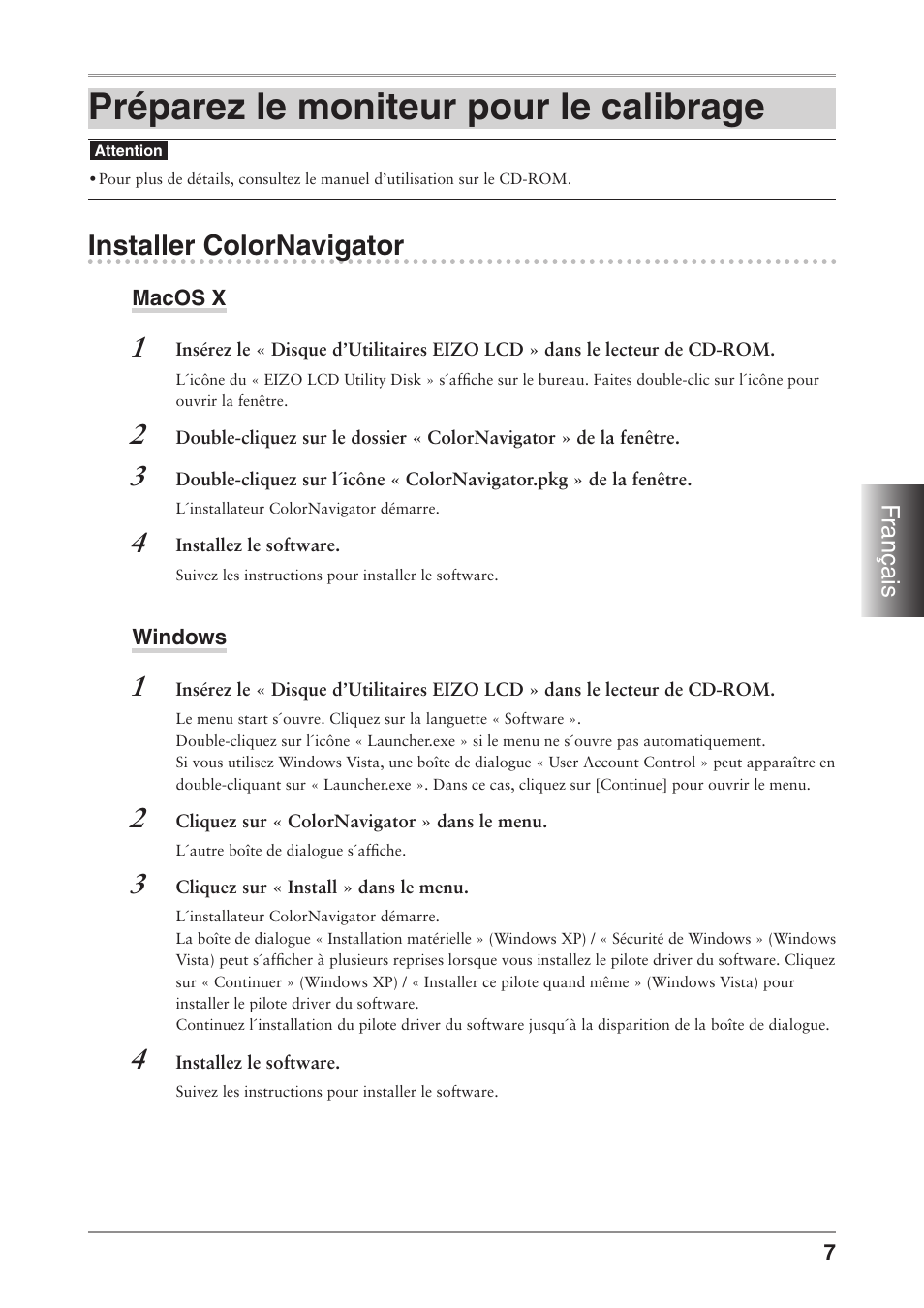 Préparez le moniteur pour le calibrage, Installer colornavigator | Eizo ColorEdge CG241W User Manual | Page 25 / 36