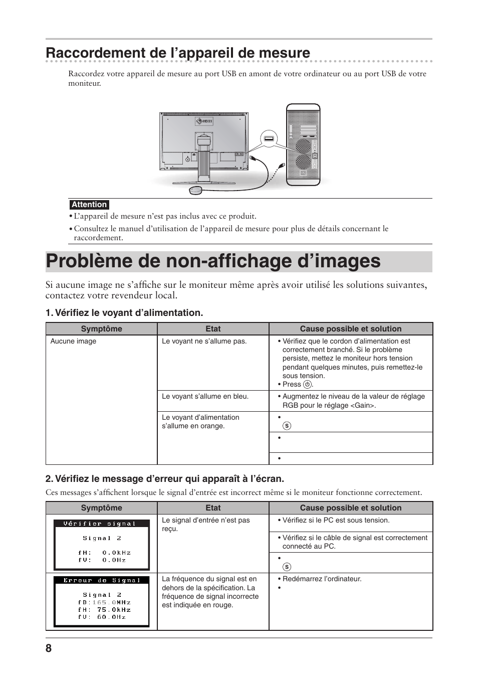 Problème de non-affichage d’images, Raccordement de l’appareil de mesure | Eizo ColorEdge CG241W User Manual | Page 26 / 36