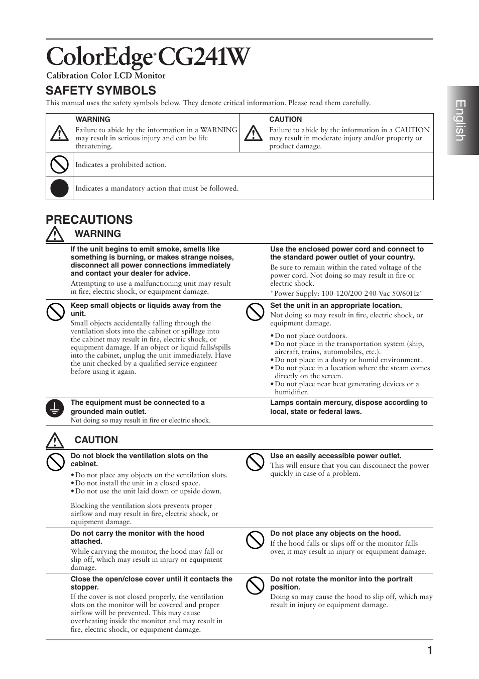 English, Safety symbols, Precautions | Warning, Caution | Eizo ColorEdge CG241W User Manual | Page 3 / 36