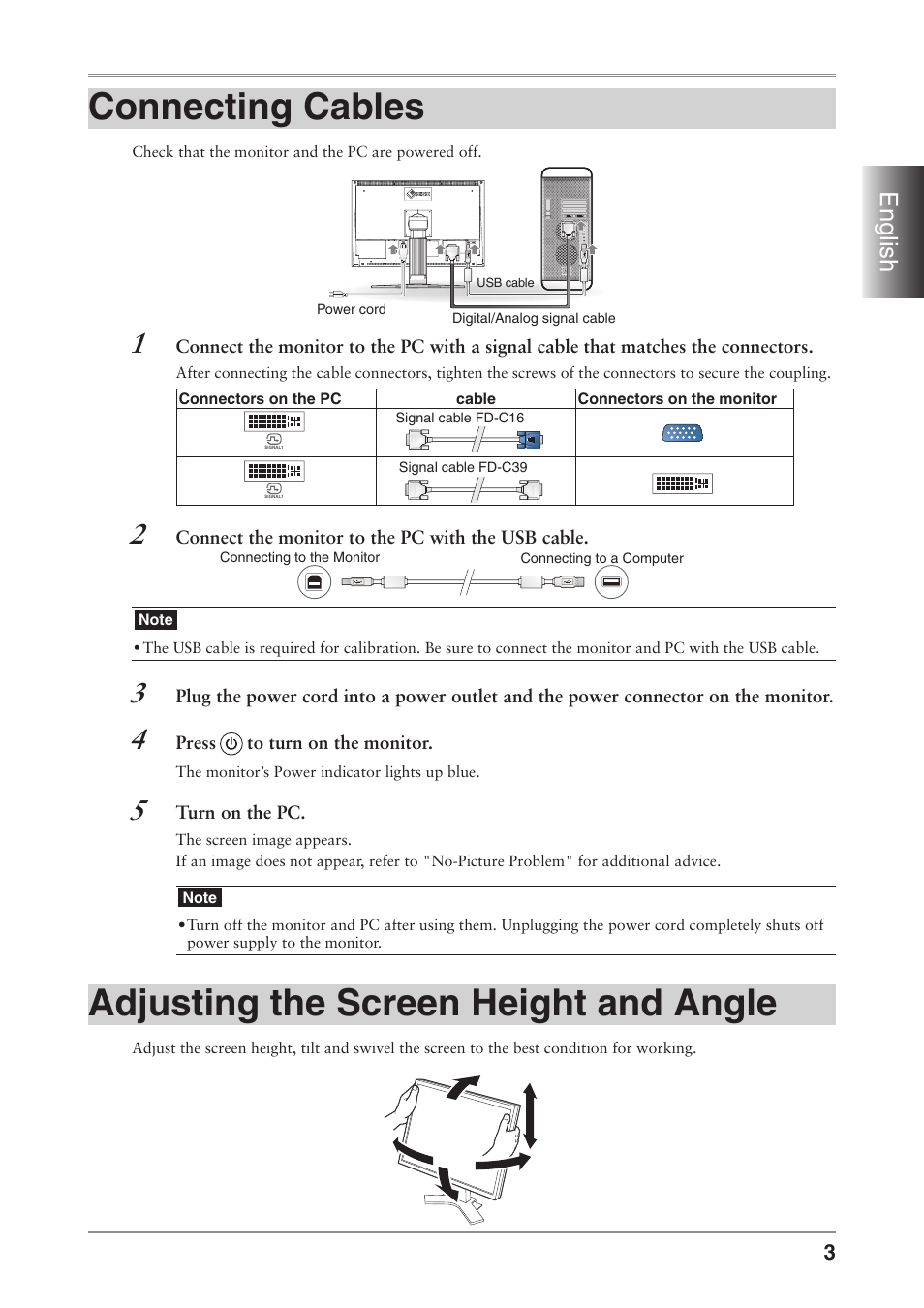 Connecting cables, Adjusting the screen height and angle, English | Eizo ColorEdge CG241W User Manual | Page 5 / 36