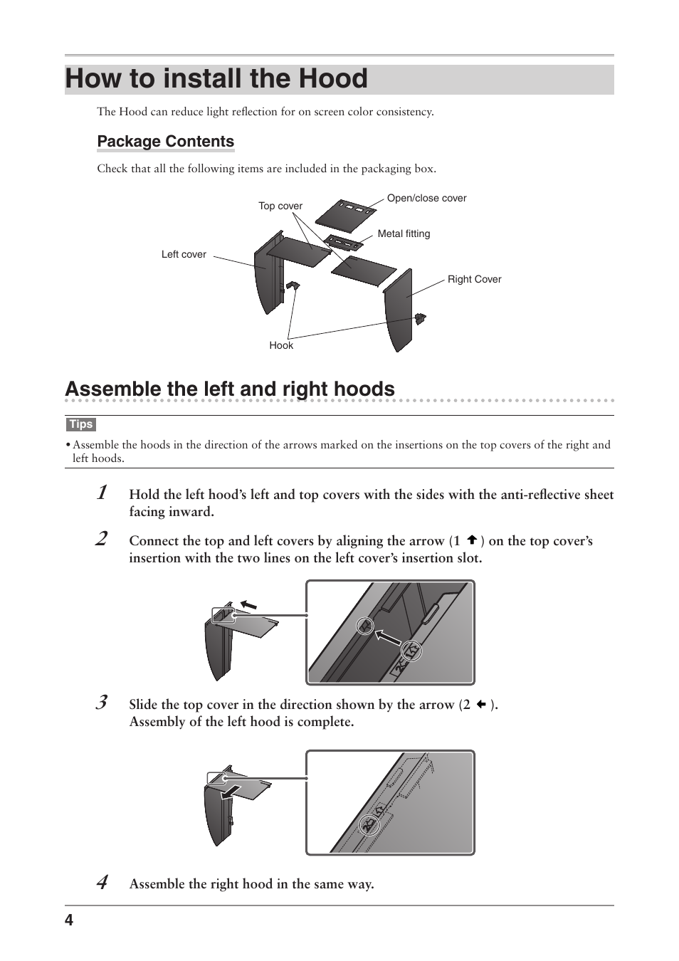 How to install the hood, Assemble the left and right hoods | Eizo ColorEdge CG241W User Manual | Page 6 / 36