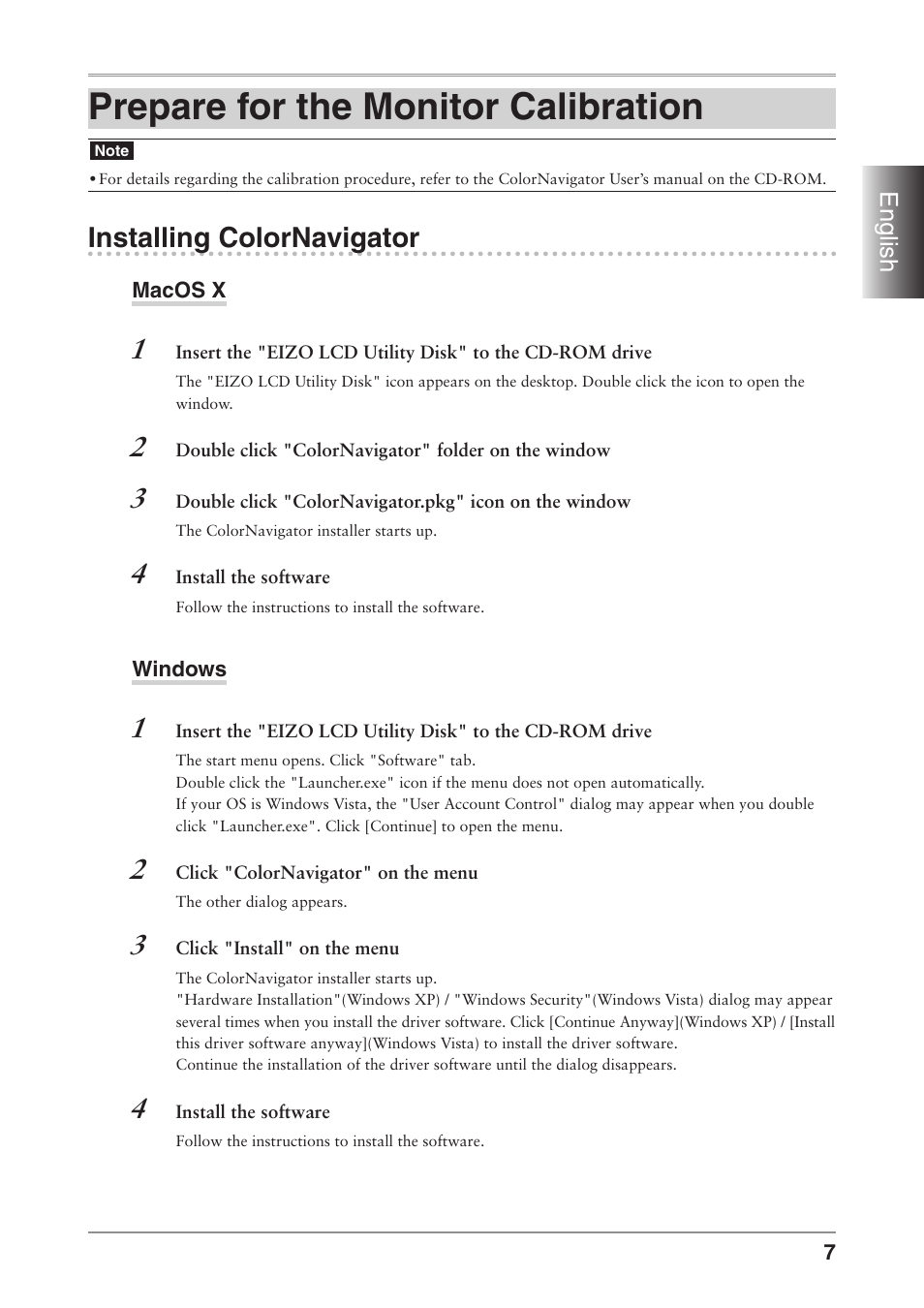 Prepare for the monitor calibration, Installing colornavigator, English | Eizo ColorEdge CG241W User Manual | Page 9 / 36