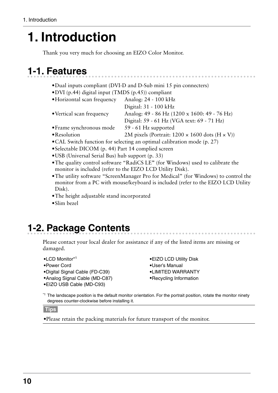 Introduction, 1. features, 2. package contents | . package contents | Eizo RADIFORCE RX211 User Manual | Page 12 / 53