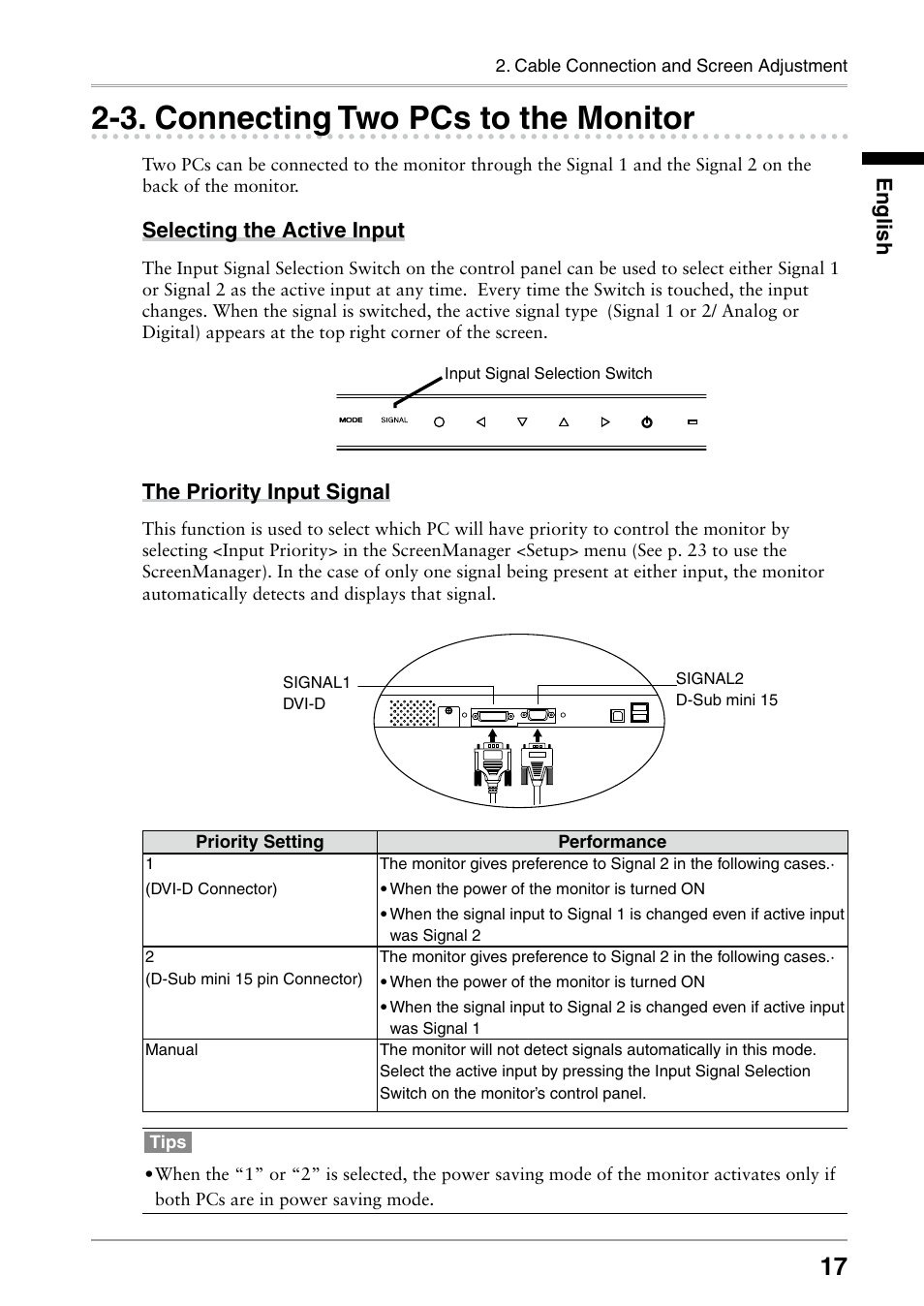 3. connecting two pcs to the monitor, Connecting two pcs to the monitor, Selecting the active input | The priority input signal, English | Eizo RADIFORCE RX211 User Manual | Page 19 / 53