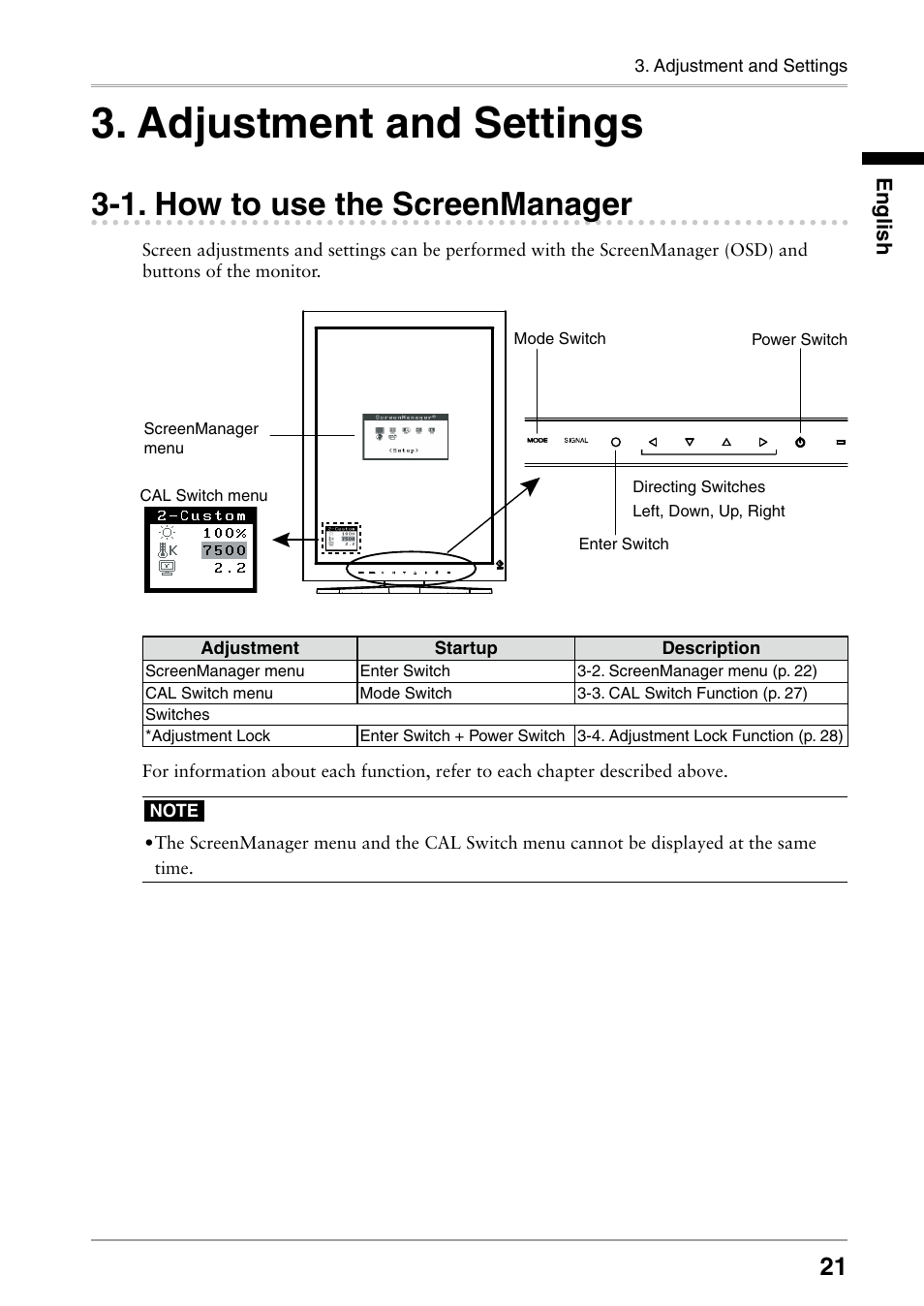 Adjustment and settings, 1. how to use the screenmanager, How to use the screenmanager | Eizo RADIFORCE RX211 User Manual | Page 23 / 53