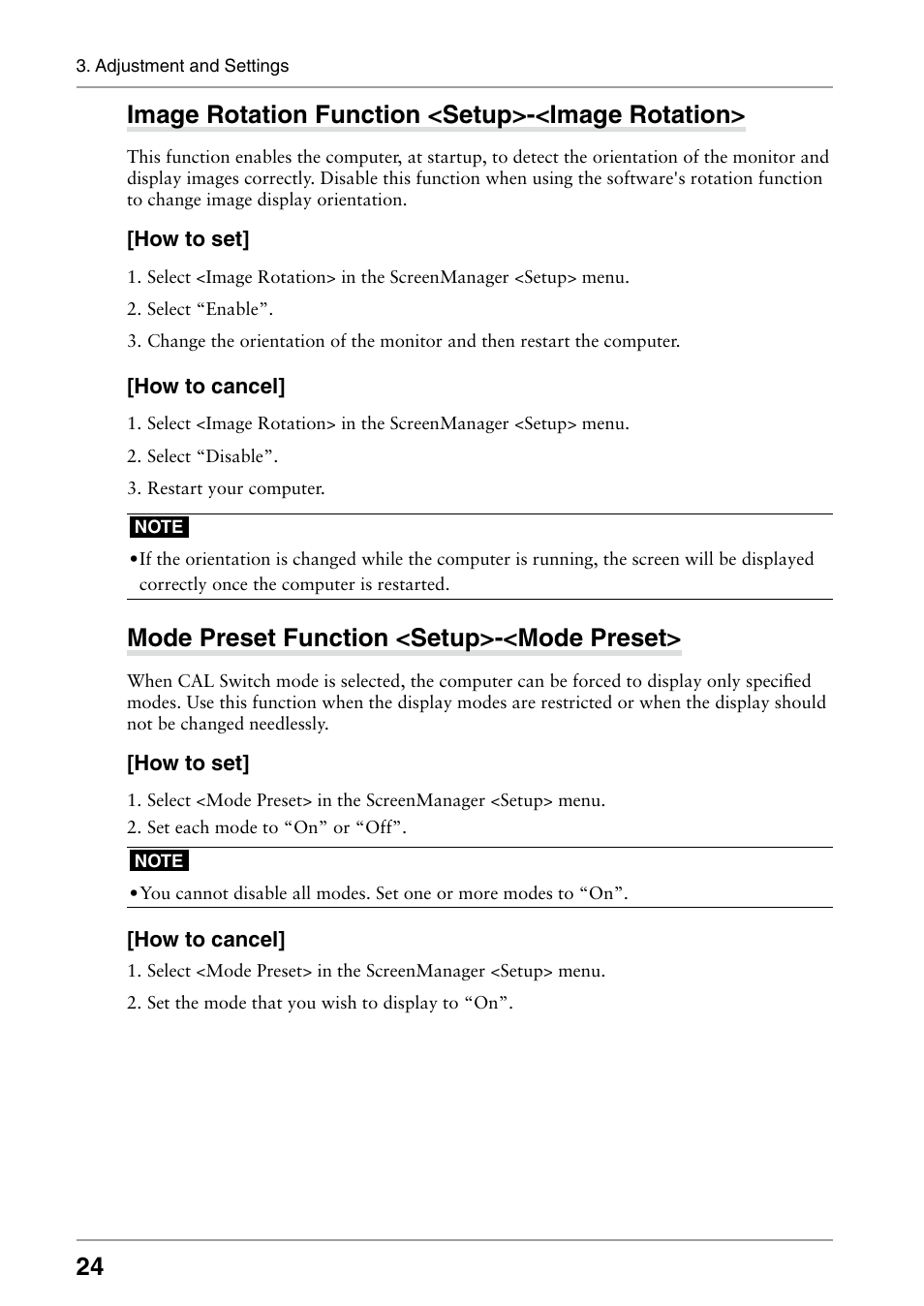 Image rotation function <setup>-<image rotation, Mode preset function <setup>-<mode preset | Eizo RADIFORCE RX211 User Manual | Page 26 / 53