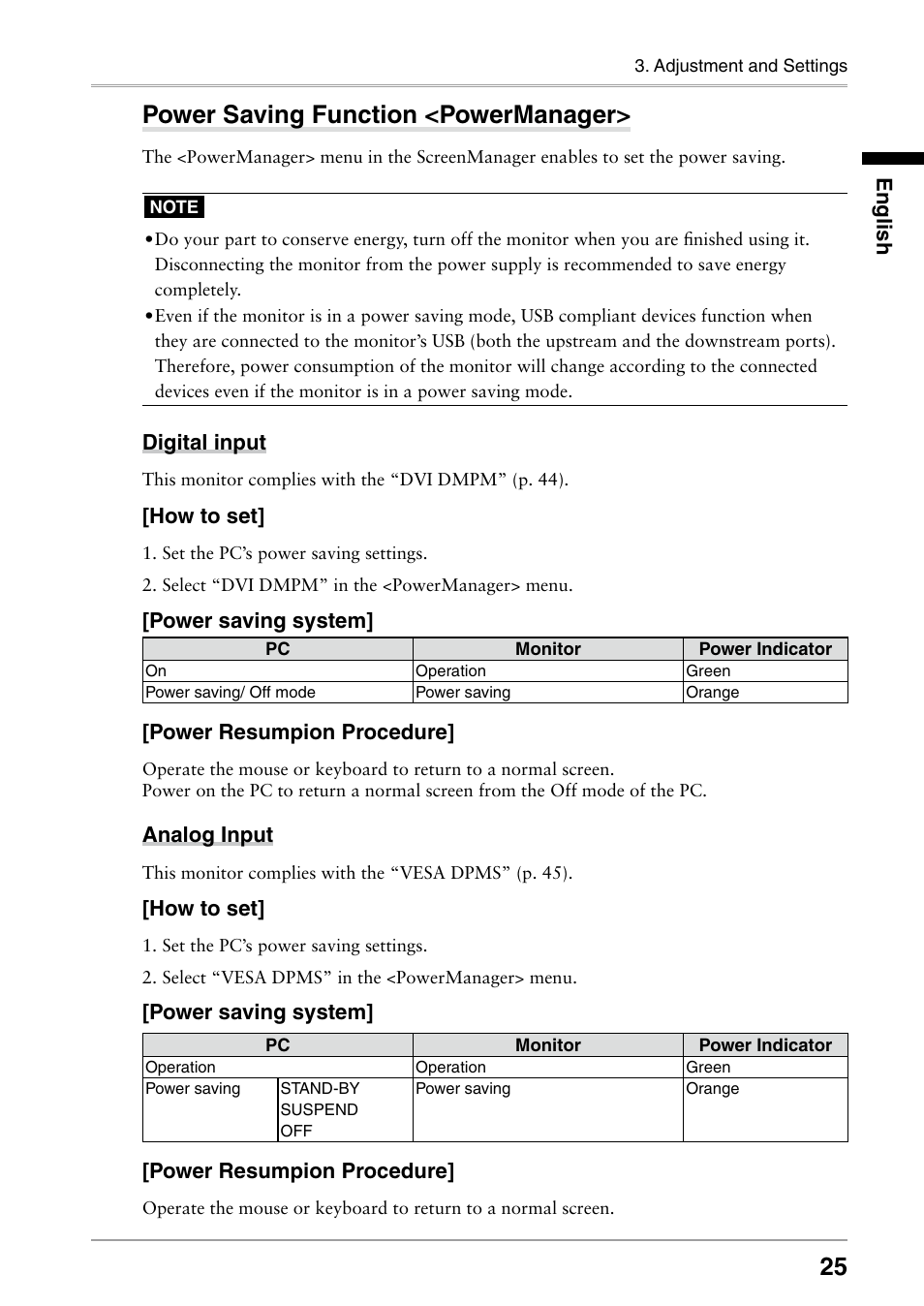 Power saving function <powermanager, Digital input, How to set | Power saving system, Power resumpion procedure, Analog input, English | Eizo RADIFORCE RX211 User Manual | Page 27 / 53