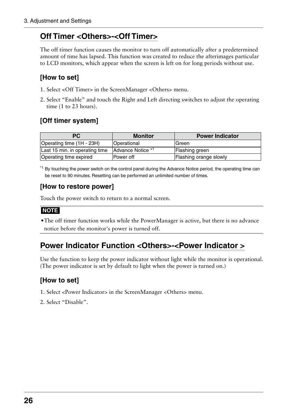 Off timer <others>-<off timer, Power indicator function <others>-<power indicator, How to set | Off timer system, How to restore power | Eizo RADIFORCE RX211 User Manual | Page 28 / 53