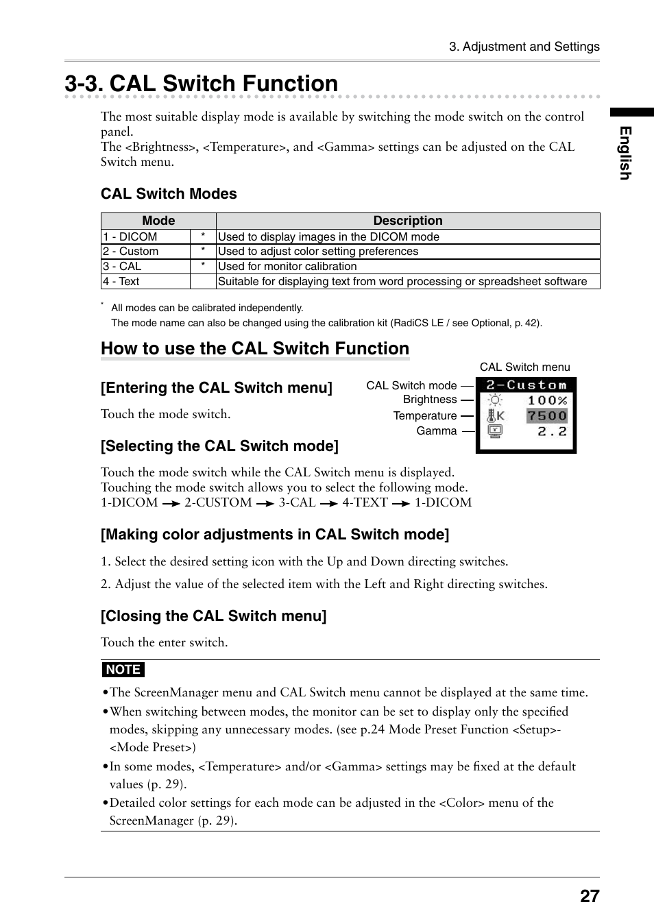 3. cal switch function, Cal switch function, How to use the cal switch function | Cal switch modes, Entering the cal switch menu, Selecting the cal switch mode, Making color adjustments in cal switch mode, Closing the cal switch menu, English | Eizo RADIFORCE RX211 User Manual | Page 29 / 53