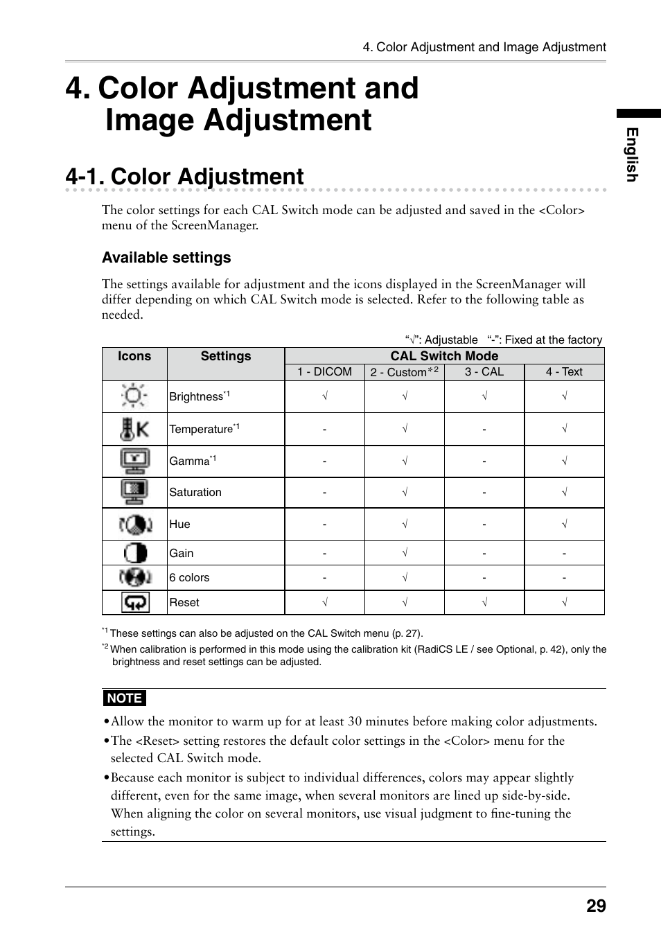 Color adjustment and image adjustment, 1. color adjustment, Color adjustment and | Image adjustment, Color adjustment, Available settings, English | Eizo RADIFORCE RX211 User Manual | Page 31 / 53