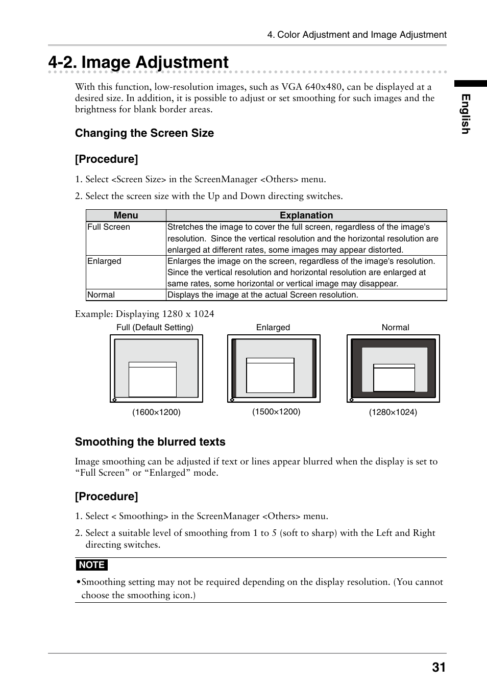 2. image adjustment, Image adjustment, Changing the screen size [procedure | Smoothing the blurred texts, Procedure, English | Eizo RADIFORCE RX211 User Manual | Page 33 / 53