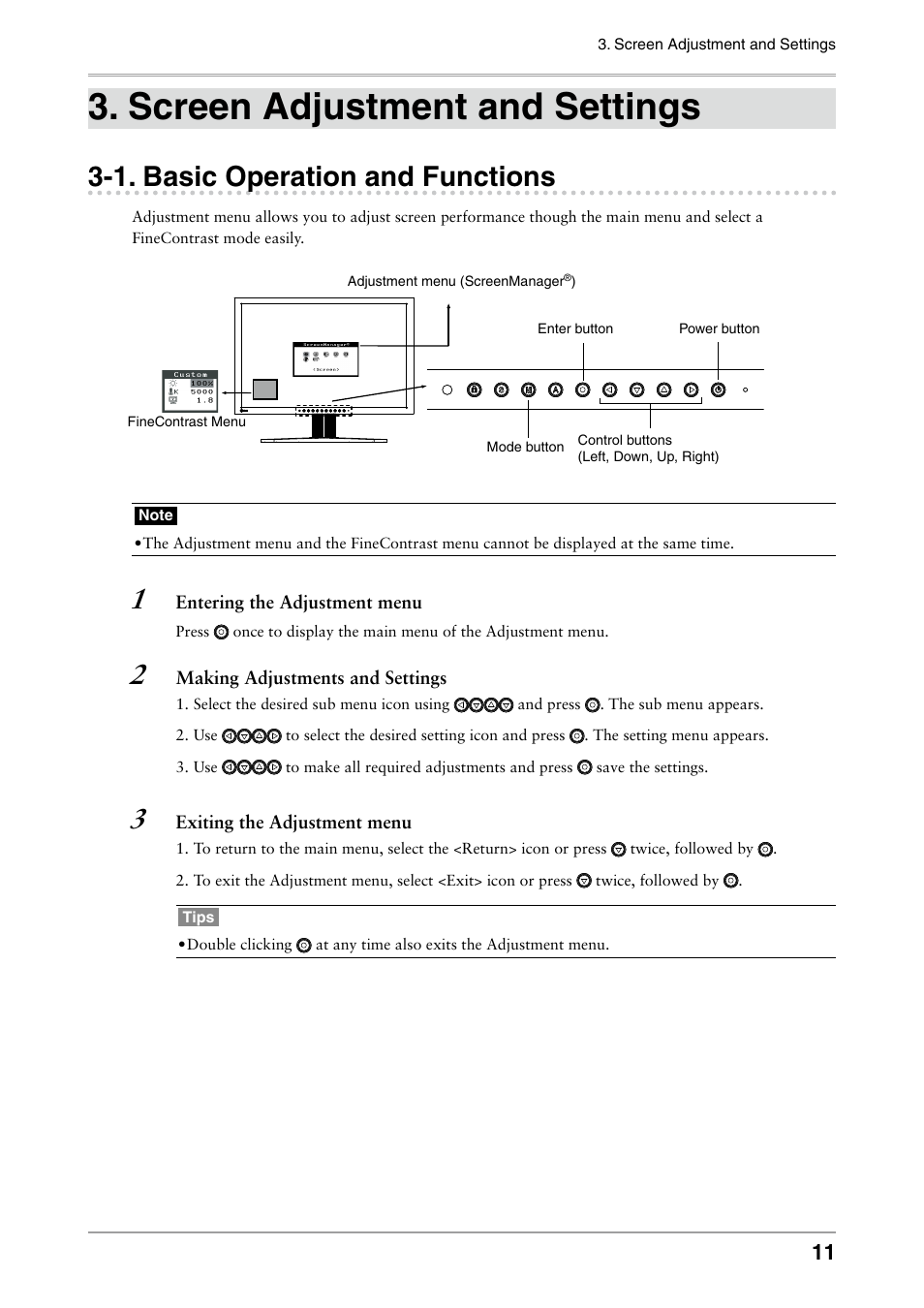 Screen adjustment and settings, 1. basic operation and functions, Basic operation and functions | Eizo COLOR EDGE CG222W User Manual | Page 11 / 38