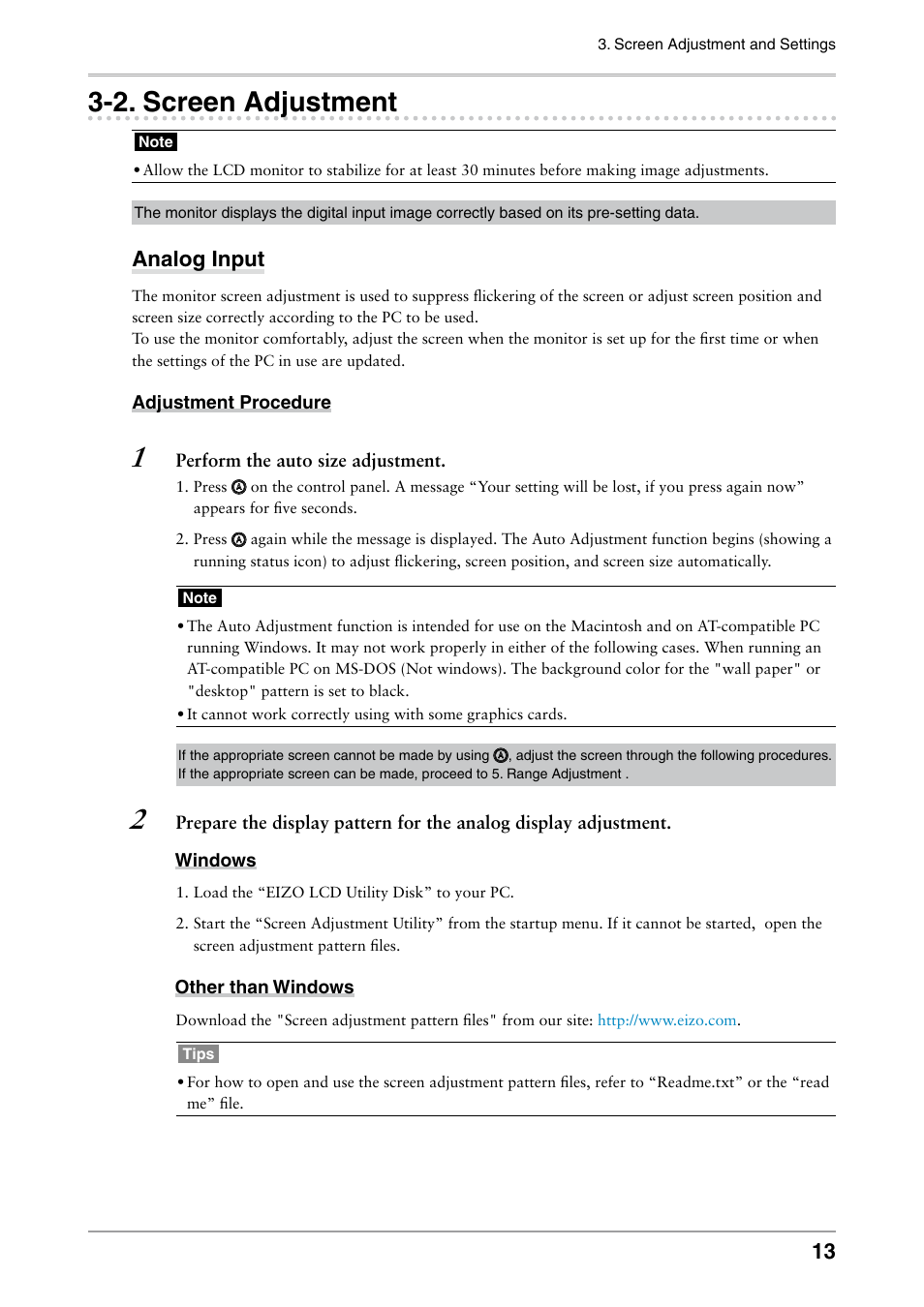 2. screen adjustment, Screen adjustment, Analog input | Eizo COLOR EDGE CG222W User Manual | Page 13 / 38