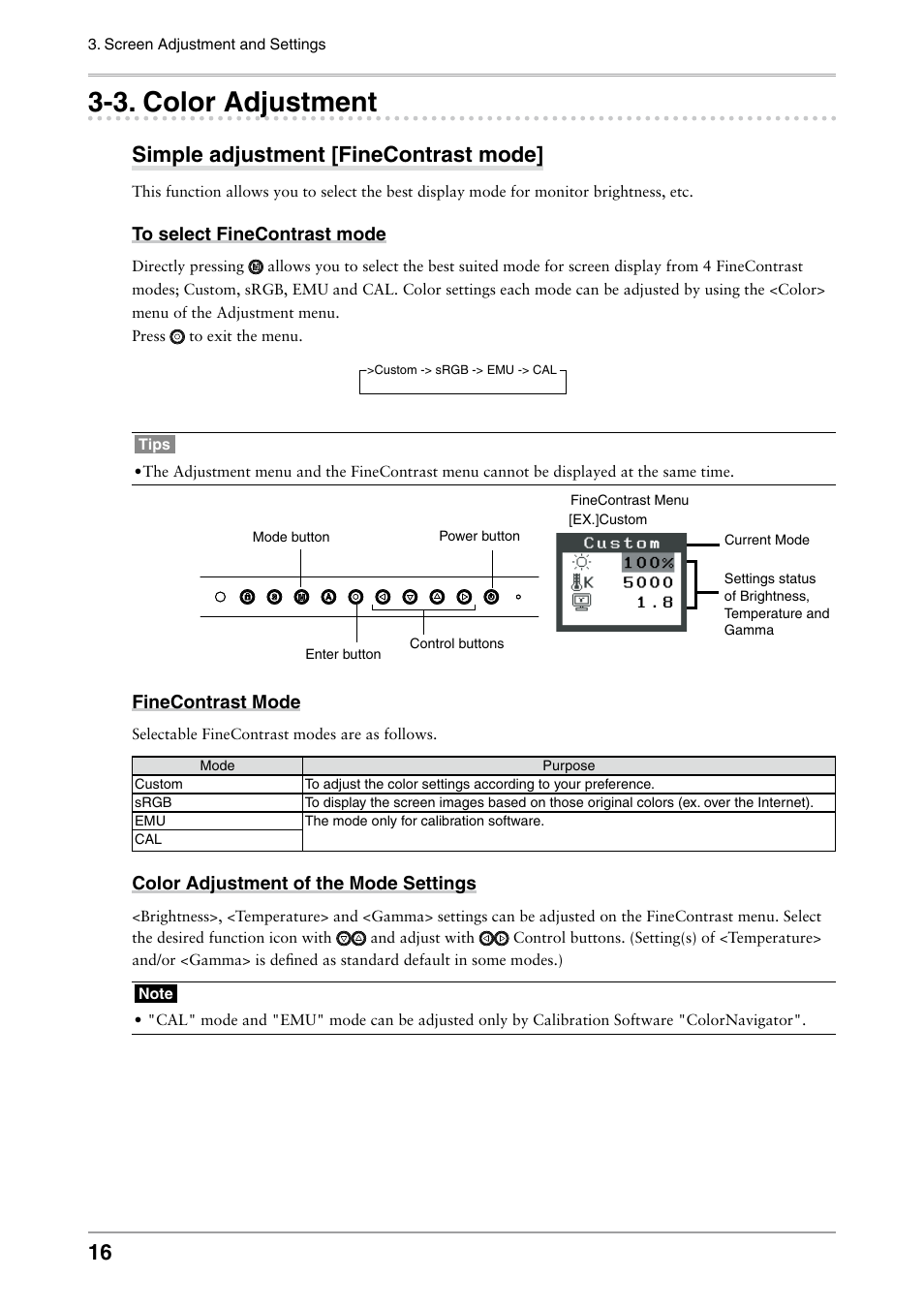 3. color adjustment, Color adjustment, Simple adjustment [finecontrast mode | Eizo COLOR EDGE CG222W User Manual | Page 16 / 38