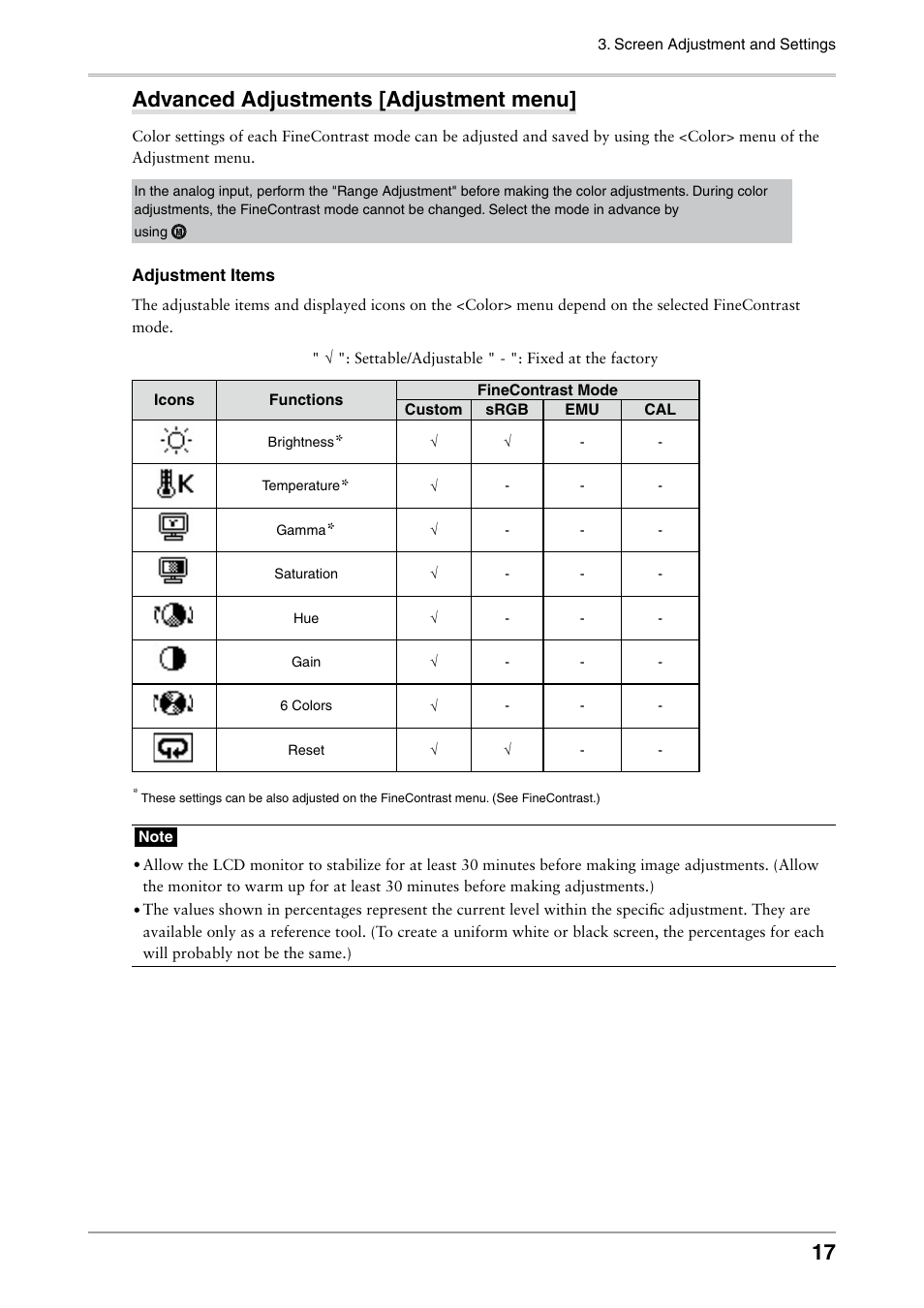 1 advanced adjustments [adjustment menu | Eizo COLOR EDGE CG222W User Manual | Page 17 / 38