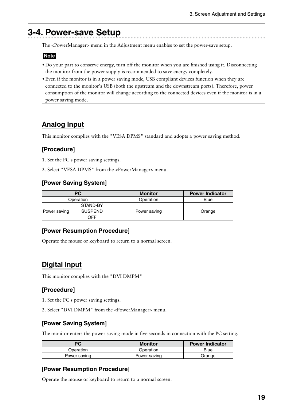 4. power-save setup, Power-save setup, Analog input | Digital input | Eizo COLOR EDGE CG222W User Manual | Page 19 / 38