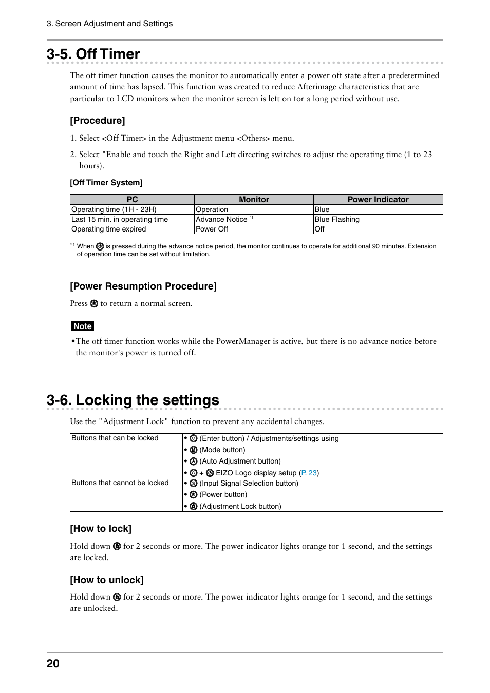 5. off timer, 6. locking the settings, 5. off timer 3-6. locking the settings | Off timer, Locking the settings | Eizo COLOR EDGE CG222W User Manual | Page 20 / 38