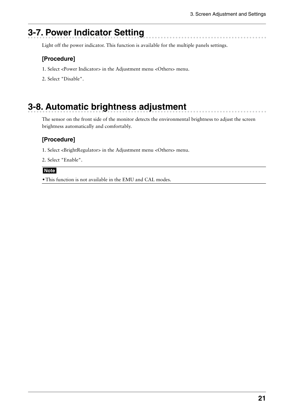 7. power indicator setting, 8. automatic brightness adjustment, Power indicator setting | Automatic brightness adjustment | Eizo COLOR EDGE CG222W User Manual | Page 21 / 38