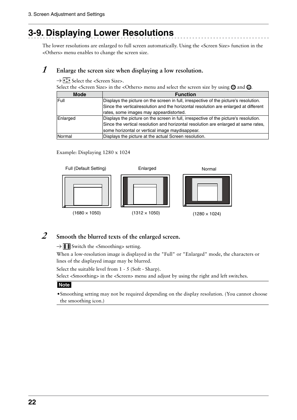 9. displaying lower resolutions, Displaying lower resolutions | Eizo COLOR EDGE CG222W User Manual | Page 22 / 38