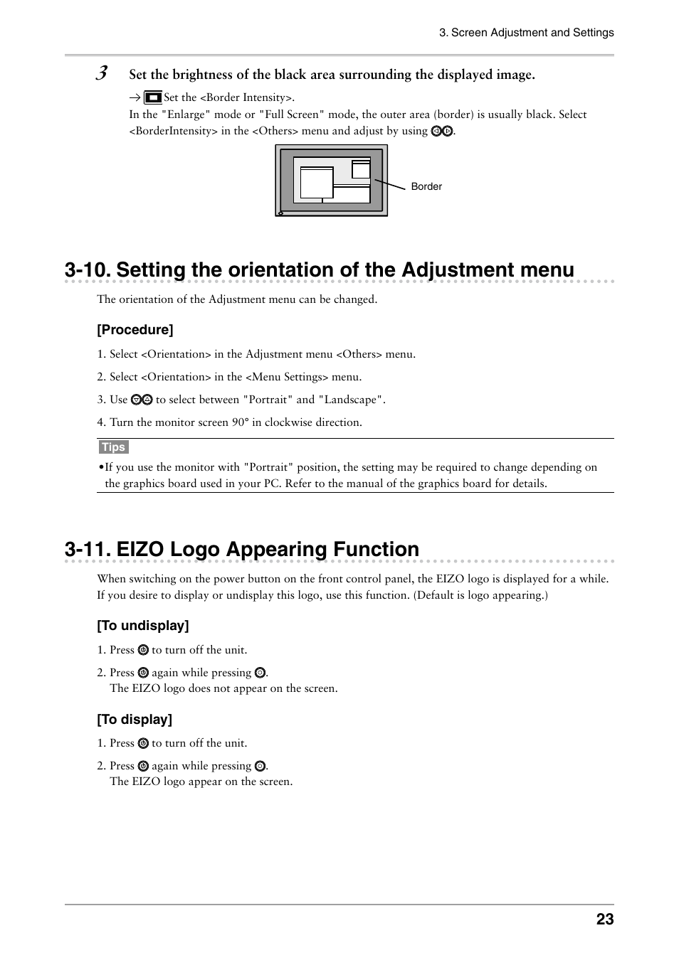 10. setting the orientation of the adjustment menu, 11. eizo logo appearing function, Setting the orientation of the adjustment menu | Eizo logo appearing function | Eizo COLOR EDGE CG222W User Manual | Page 23 / 38