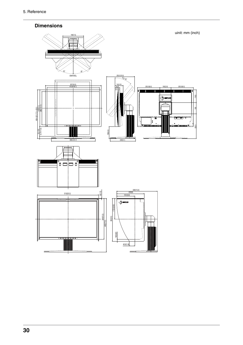 Dimensions, Reference, Uinit: mm (inch) | Eizo COLOR EDGE CG222W User Manual | Page 30 / 38