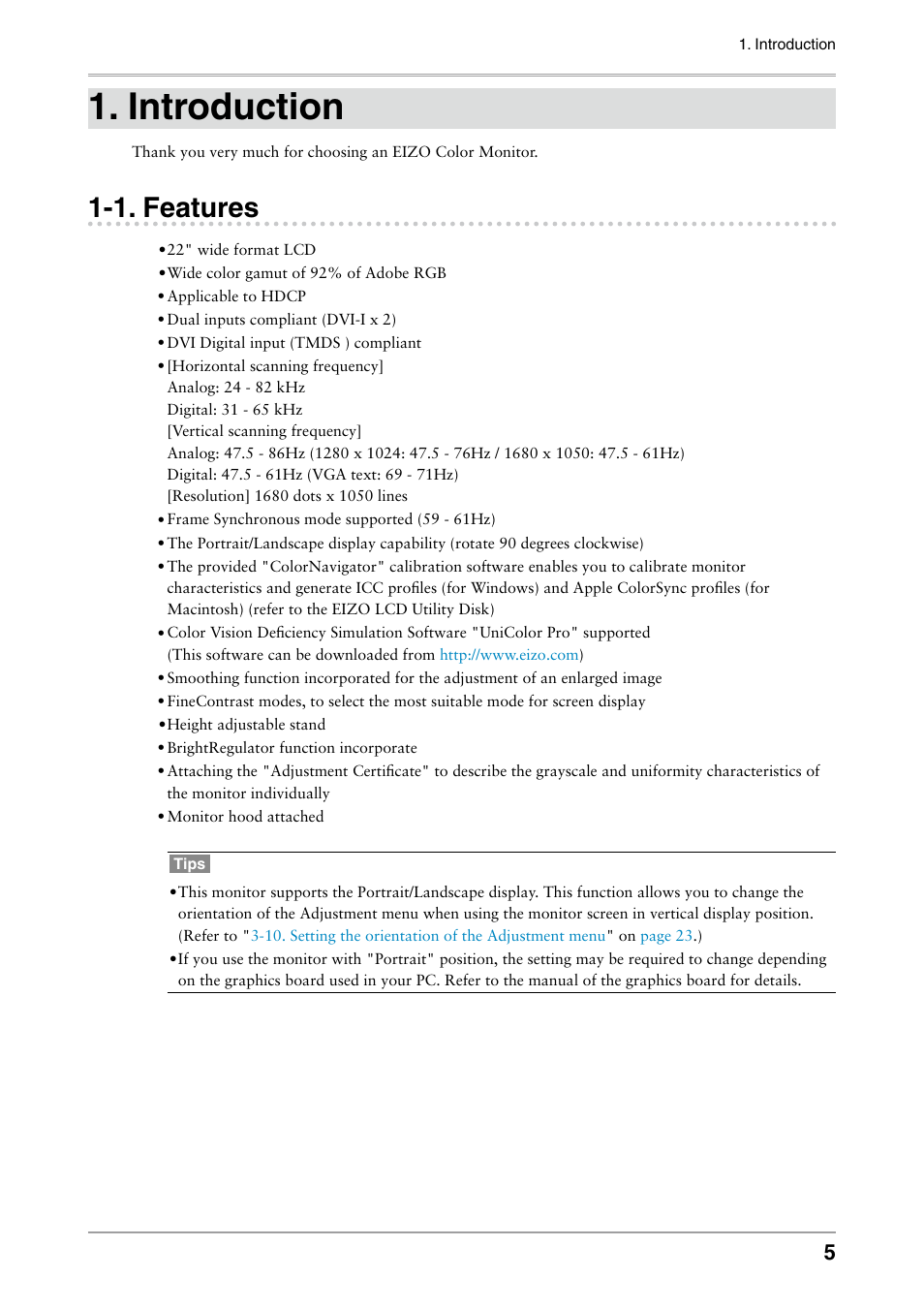 Introduction, 1. features | Eizo COLOR EDGE CG222W User Manual | Page 5 / 38