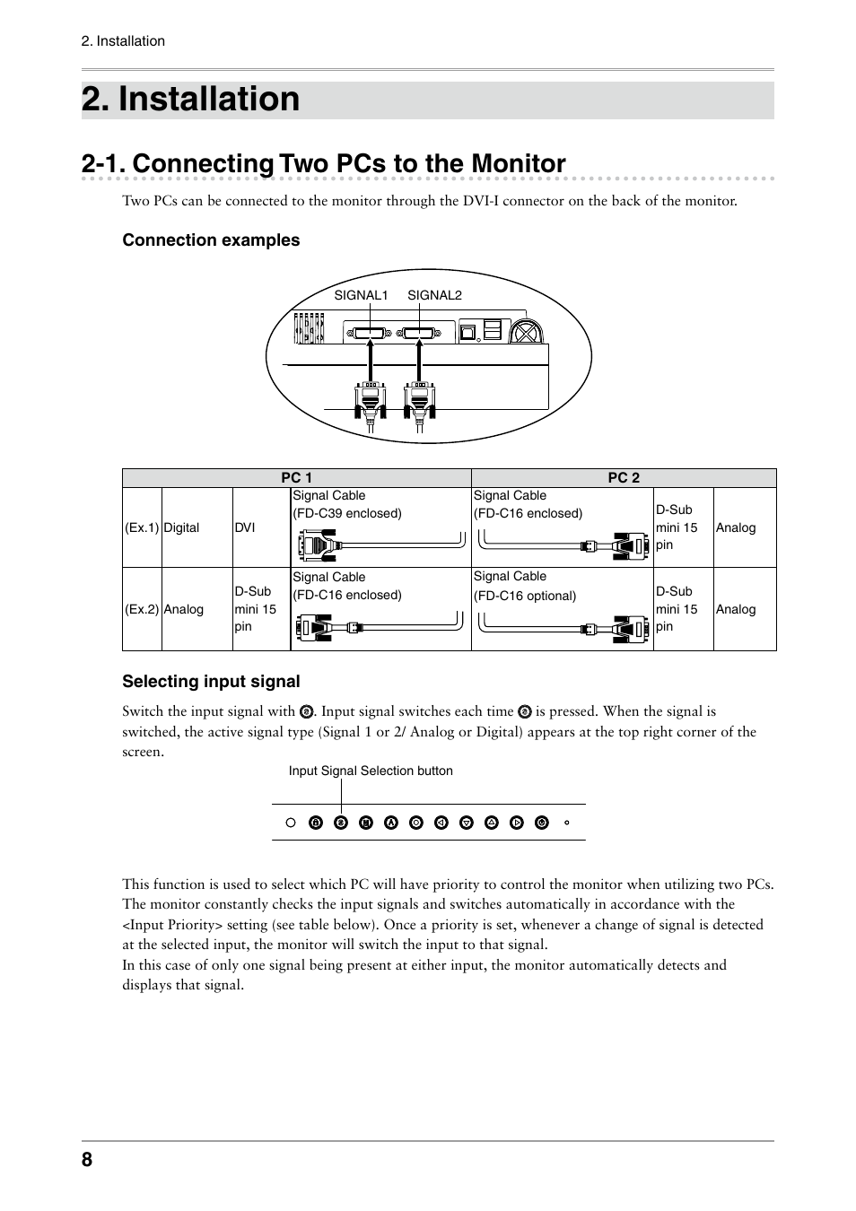 Installation, 1. connecting two pcs to the monitor, Connecting two pcs to the monitor | Eizo COLOR EDGE CG222W User Manual | Page 8 / 38