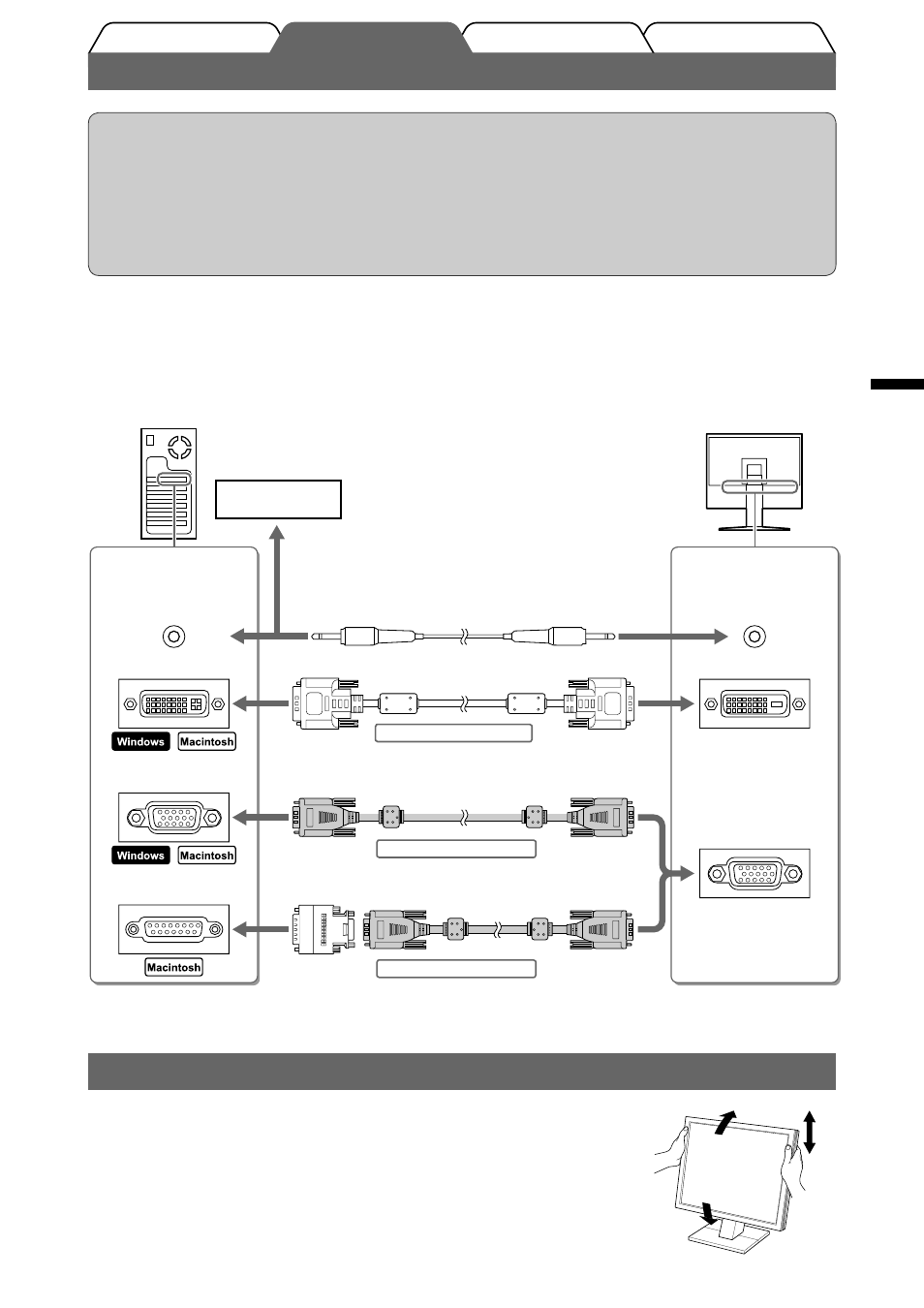 Connexion des câbles, Ajustage de la hauteur et de l’angle de l’écran | Eizo FlexScan M1900 User Manual | Page 17 / 60