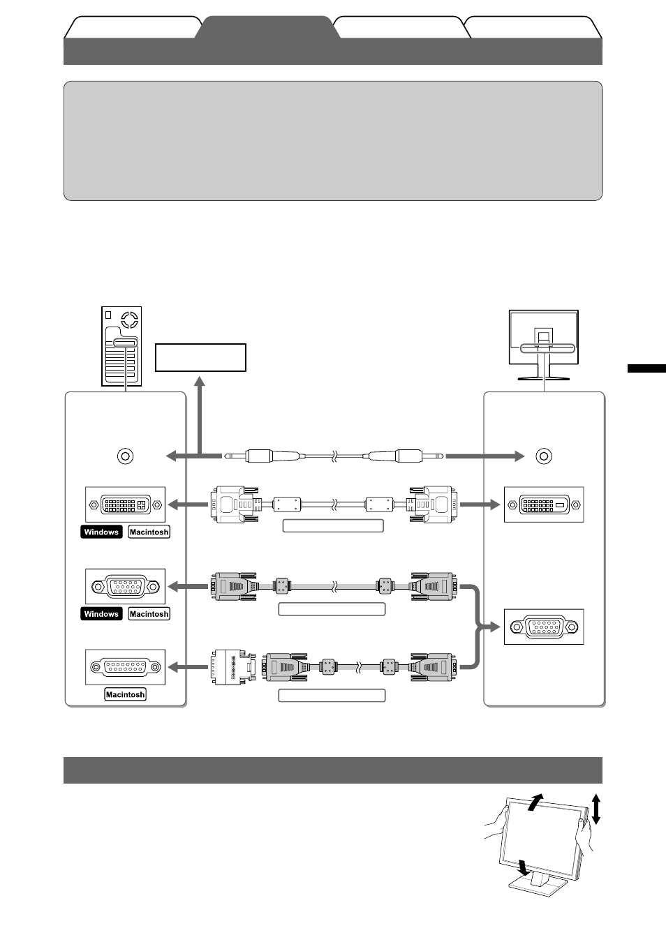 Conexión de los cables, Ajuste de la altura y el ángulo de la pantalla | Eizo FlexScan M1900 User Manual | Page 23 / 60