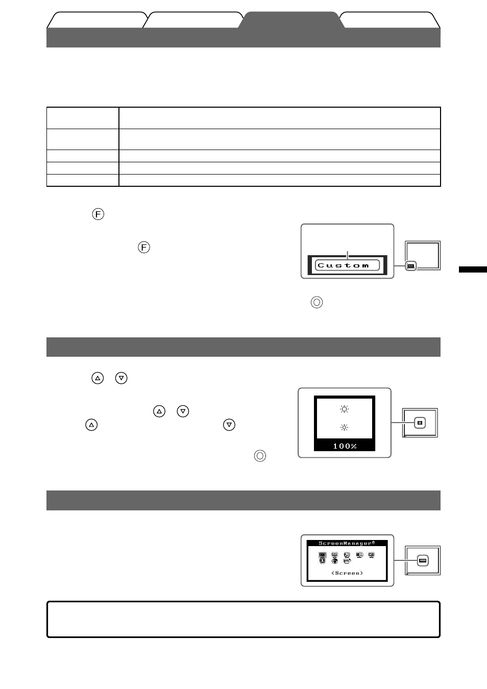 Selección del modo de pantalla, Ajuste del brillo, Ejecución de la confi guración/ajustes avanzados | Eizo FlexScan M1900 User Manual | Page 25 / 60