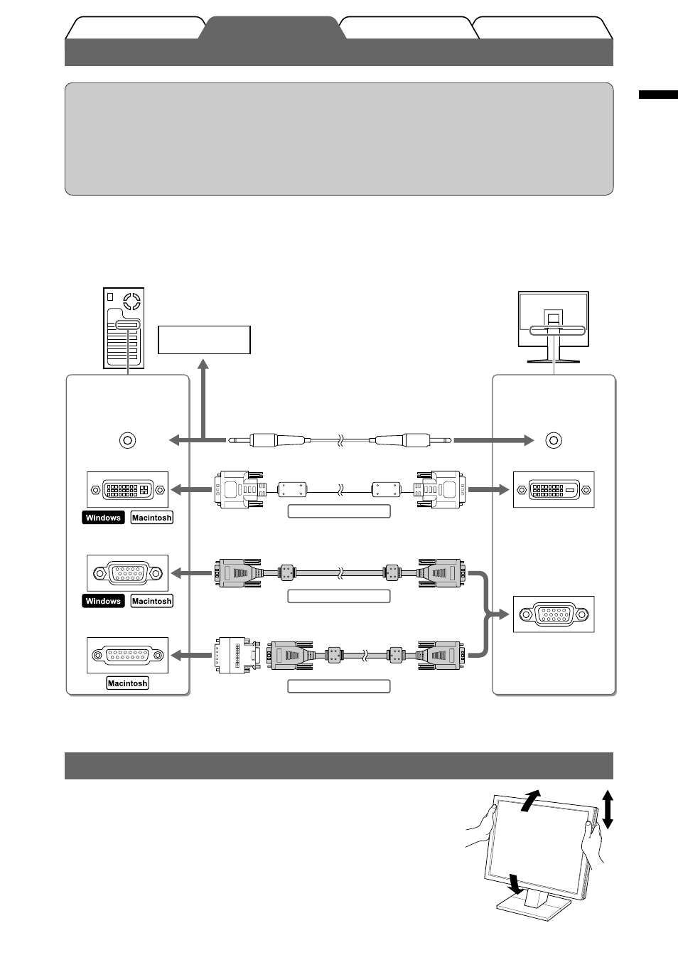 Connecting cables, Adjusting screen height and angle | Eizo FlexScan M1900 User Manual | Page 5 / 60