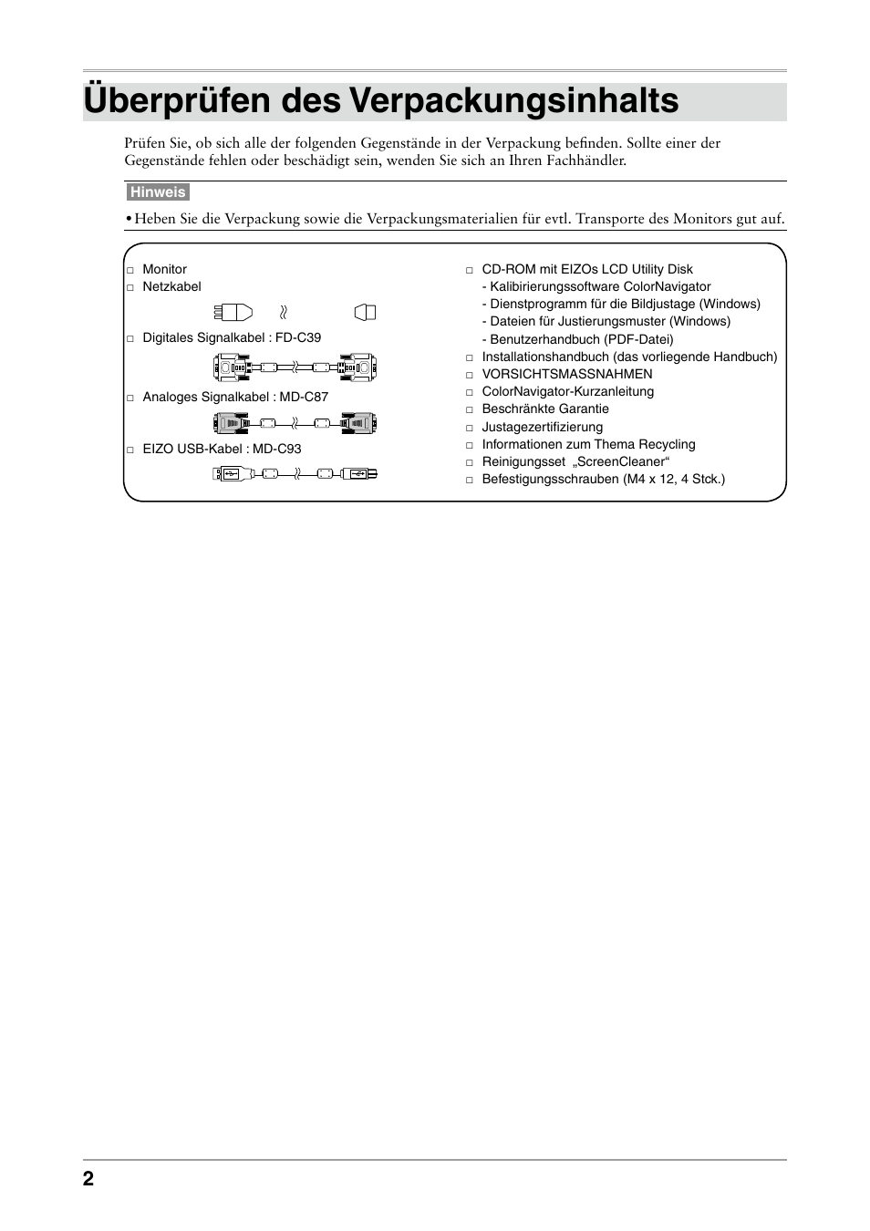 Überprüfen des verpackungsinhalts | Eizo ColorEdge CG232W User Manual | Page 12 / 36