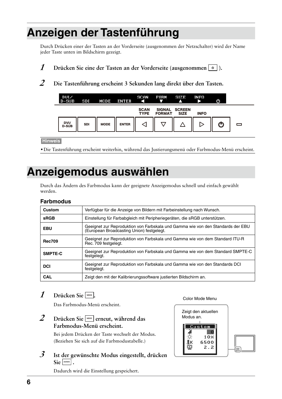 Anzeigen der tastenführung, Anzeigemodus auswählen | Eizo ColorEdge CG232W User Manual | Page 16 / 36