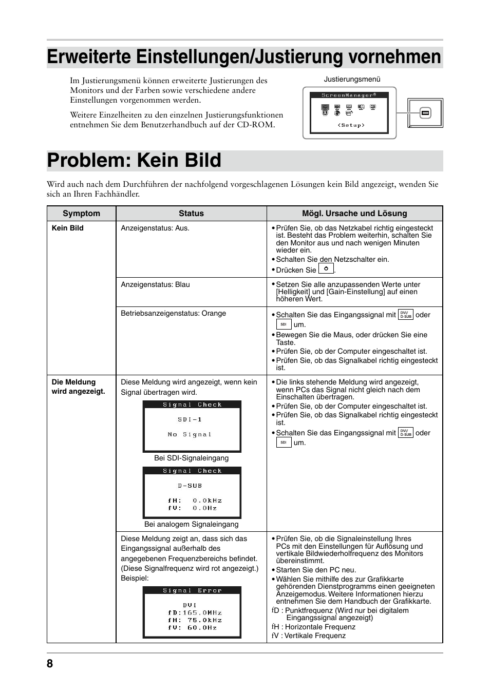 Erweiterte einstellungen/justierung vornehmen, Problem: kein bild | Eizo ColorEdge CG232W User Manual | Page 18 / 36