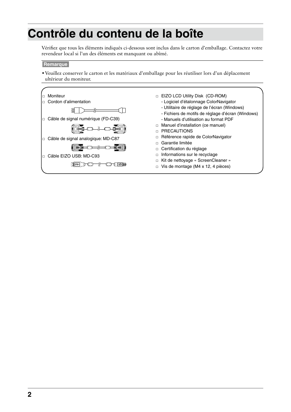 Contrôle du contenu de la boîte | Eizo ColorEdge CG232W User Manual | Page 20 / 36