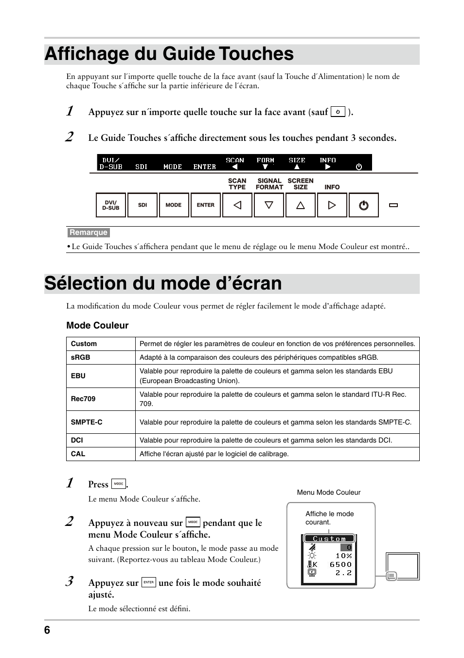 Affichage du guide touches, Sélection du mode d’écran | Eizo ColorEdge CG232W User Manual | Page 24 / 36