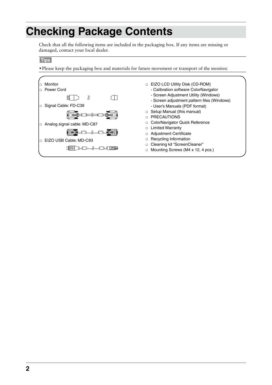 Checking package contents | Eizo ColorEdge CG232W User Manual | Page 4 / 36