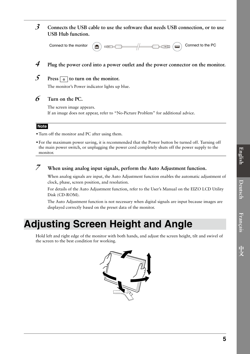 Adjusting screen height and angle | Eizo ColorEdge CG232W User Manual | Page 7 / 36