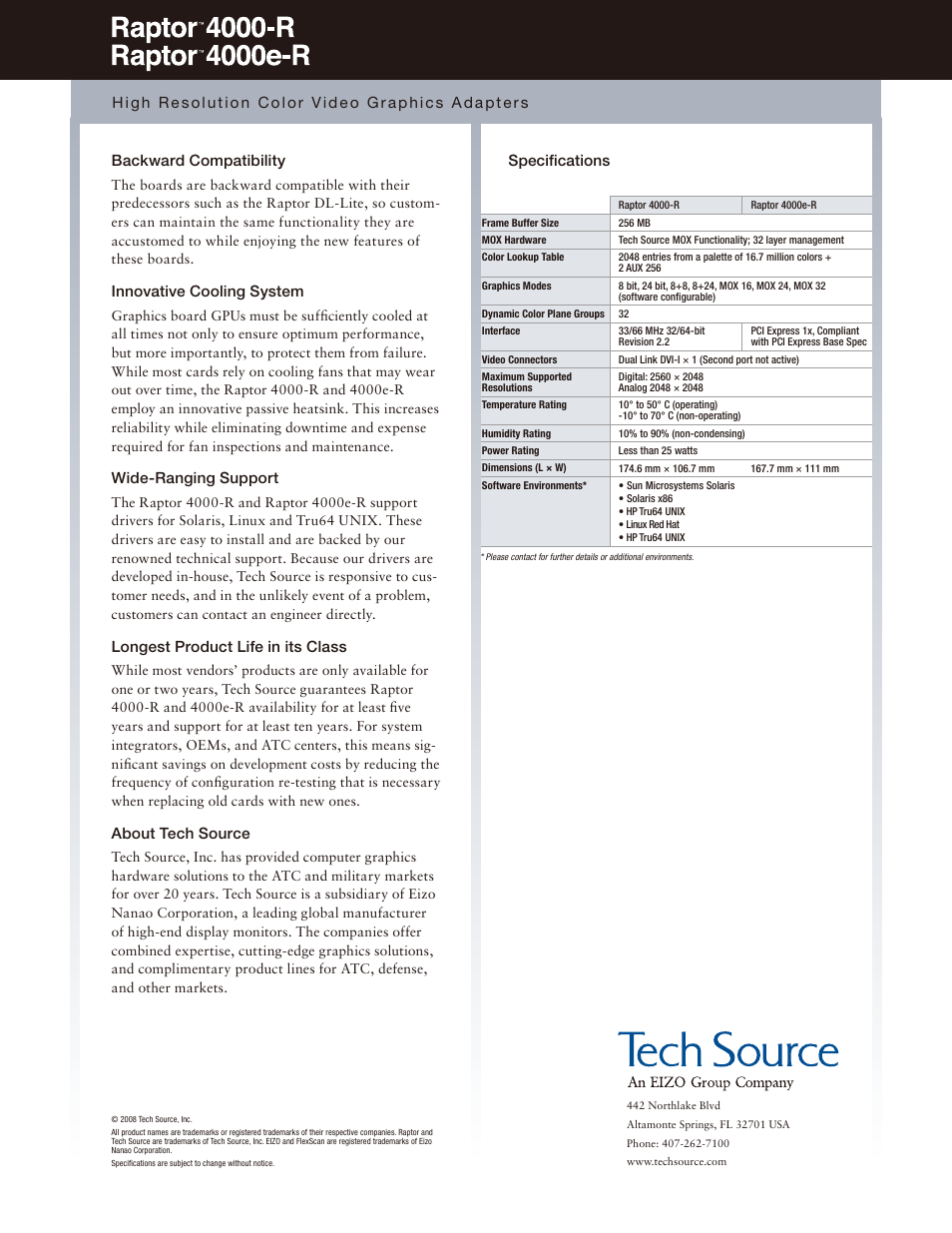 Specifications, Innovative cooling system, Wide-ranging support | Longest product life in its class, About tech source | Eizo Raptor 4000e-R User Manual | Page 2 / 2