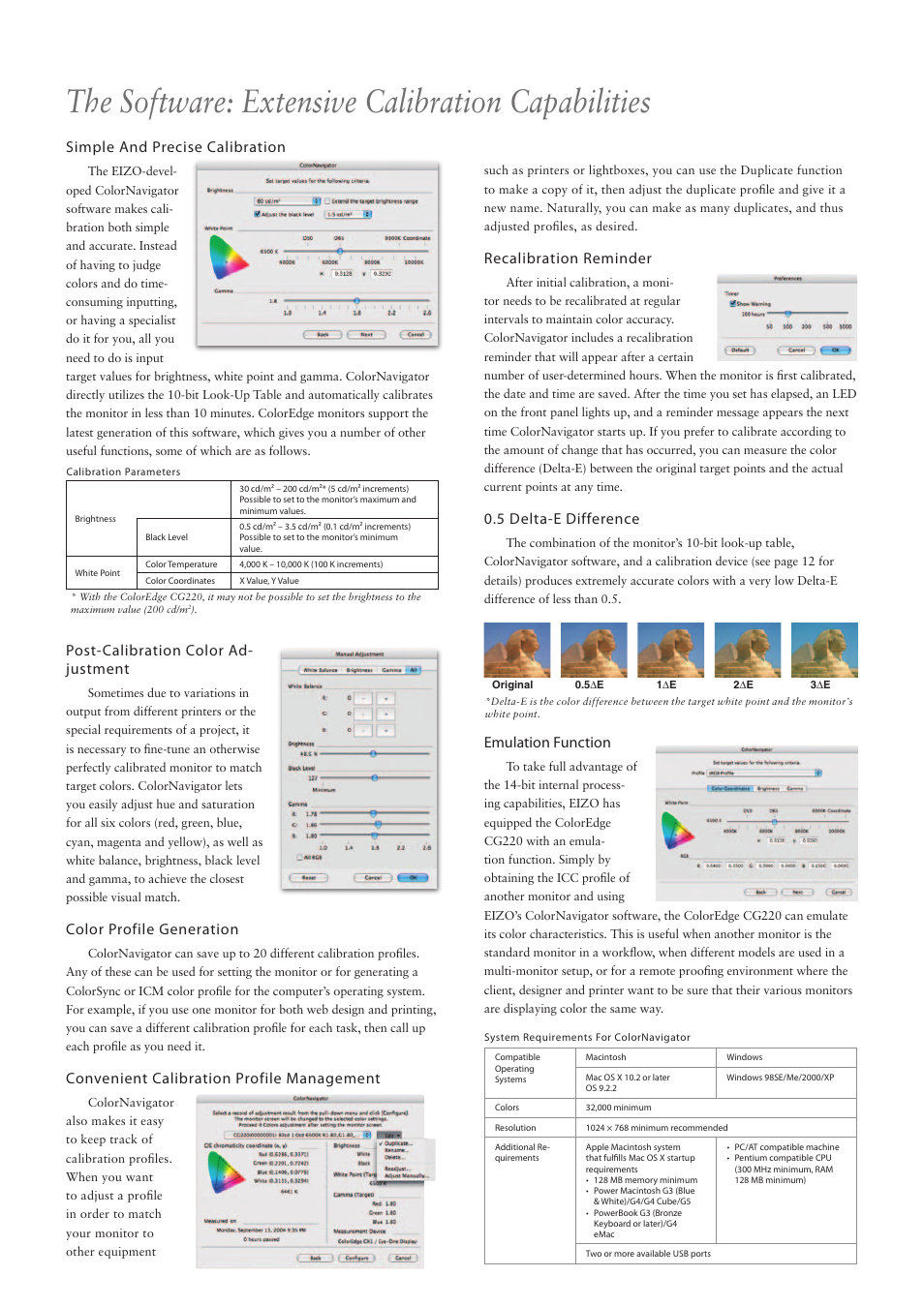 The software: extensive calibration capabilities, Simple and precise calibration, Post-calibration color ad- justment | Color profile generation, Convenient calibration profile management, Recalibration reminder, 5 delta-e difference, Emulation function | Eizo ColorEdge CG210 User Manual | Page 4 / 6