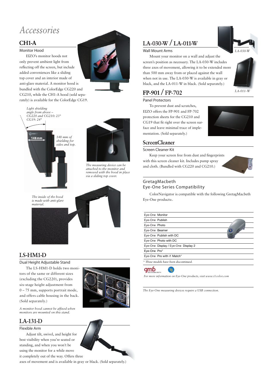 Accessories, Gretagmacbeth eye-one series compatibility | Eizo ColorEdge CG210 User Manual | Page 5 / 6