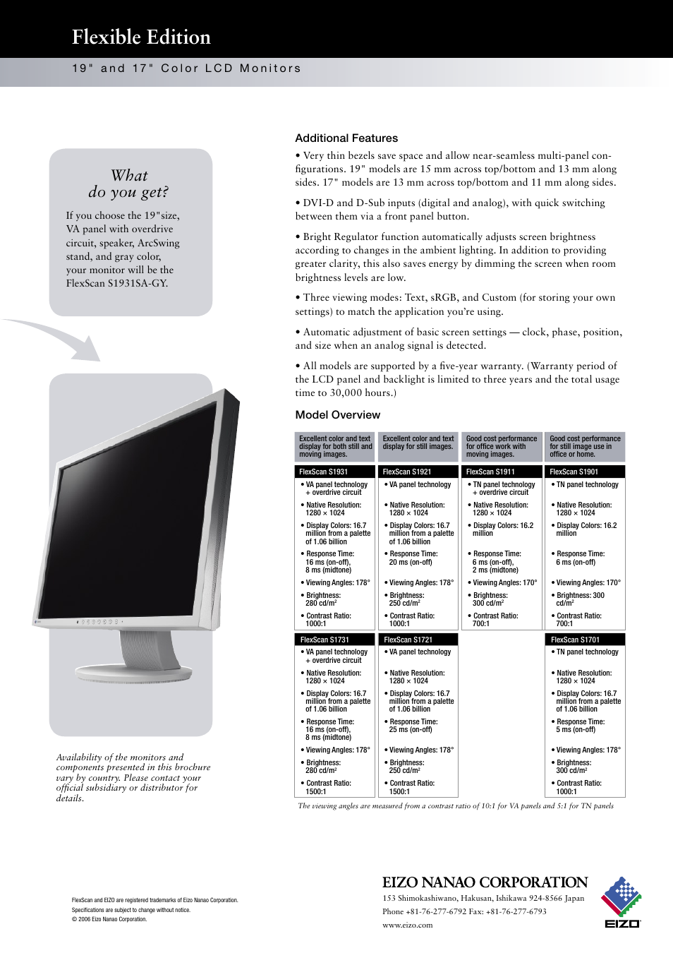 Flexible edition, What do you get, Additional features | Model overview | Eizo FlexScan S1701 User Manual | Page 4 / 4