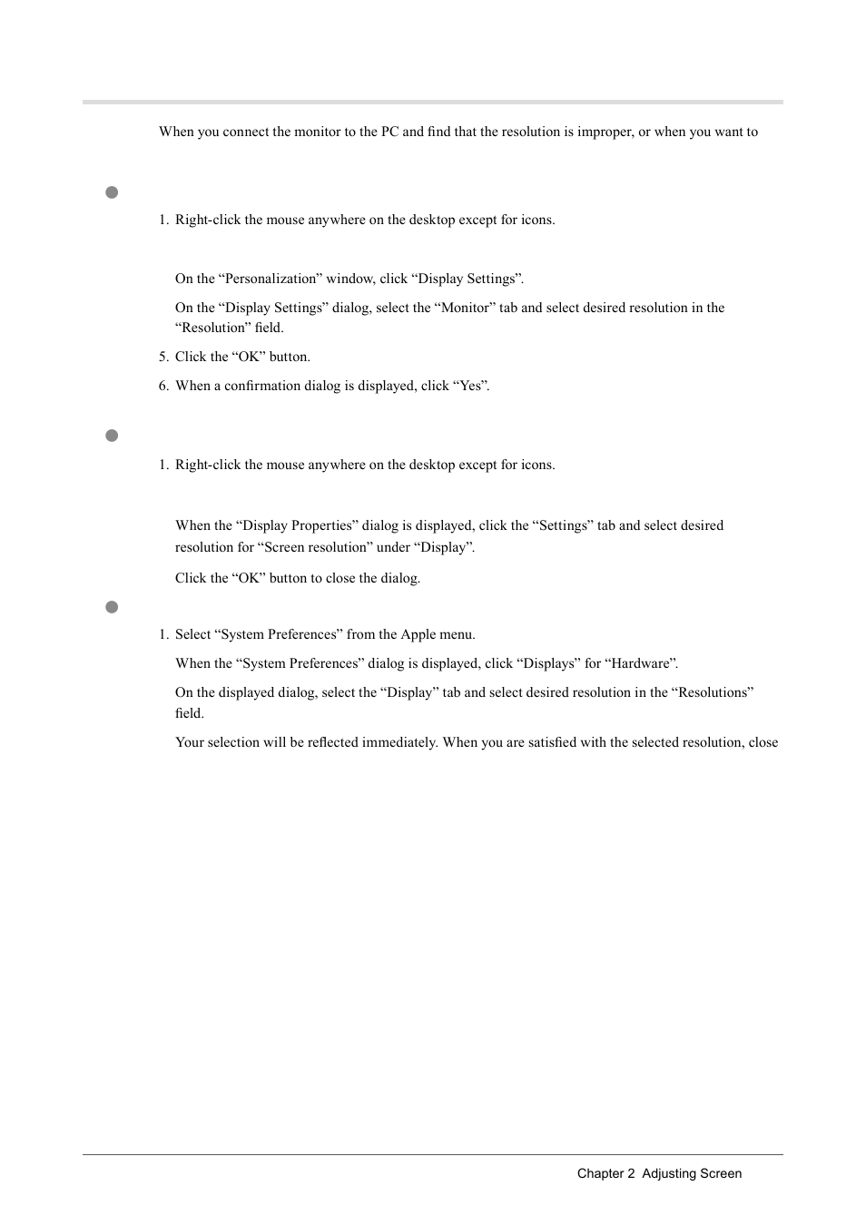Setting resolution, Windows vista, Windows xp | Mac os x | Eizo COLOREDGE CG243W User Manual | Page 13 / 49