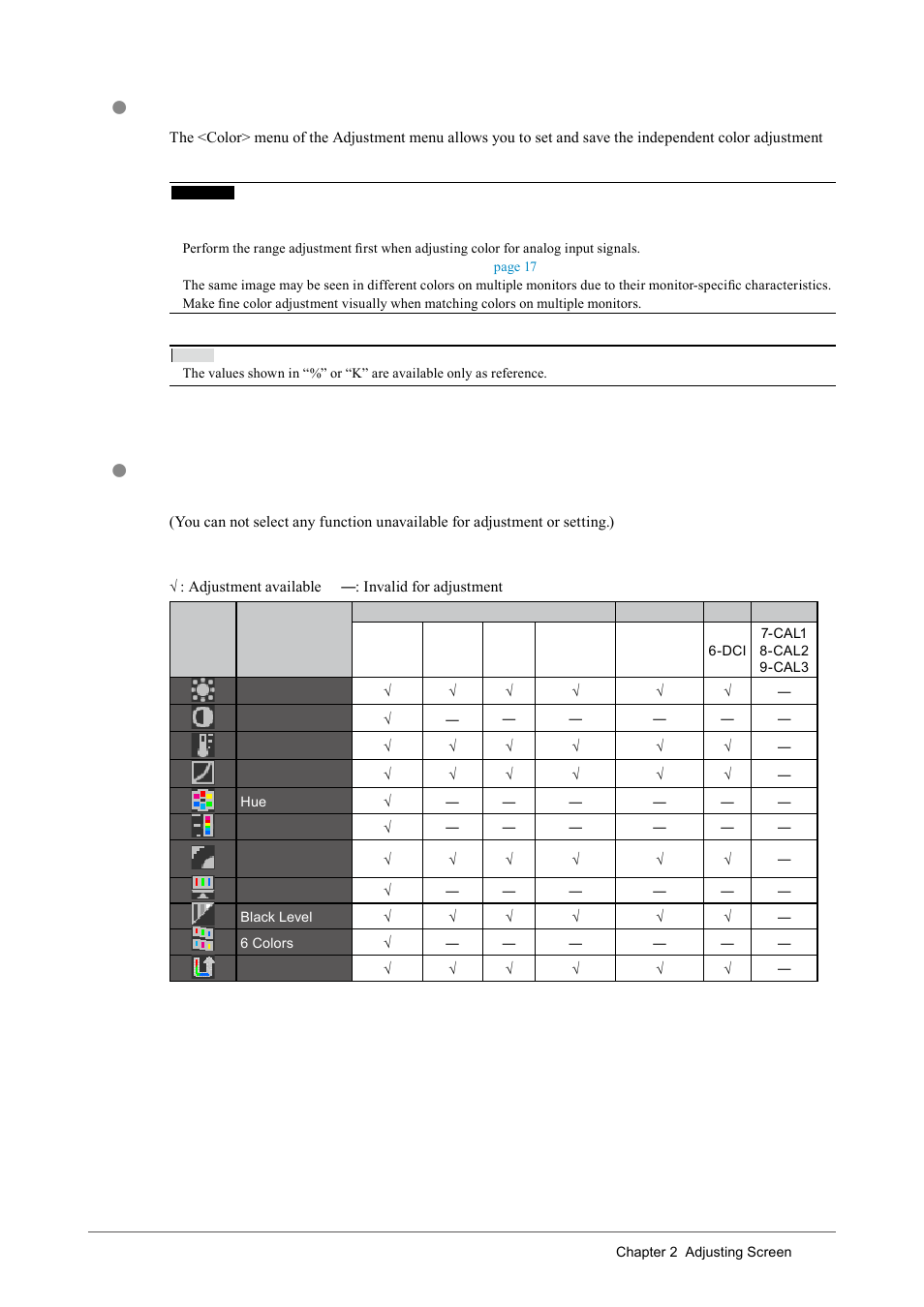 To perform advanced adjustments, Adjustment items in each mode | Eizo COLOREDGE CG243W User Manual | Page 19 / 49