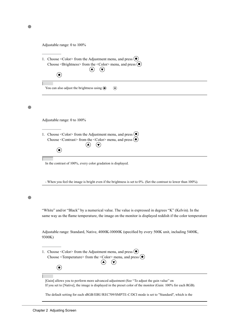 To adjust the brightness [brightness, To adjust the contrast [contrast, To adjust the color temperature [temperature | To adjust the color temperature, Temperature | Eizo COLOREDGE CG243W User Manual | Page 20 / 49